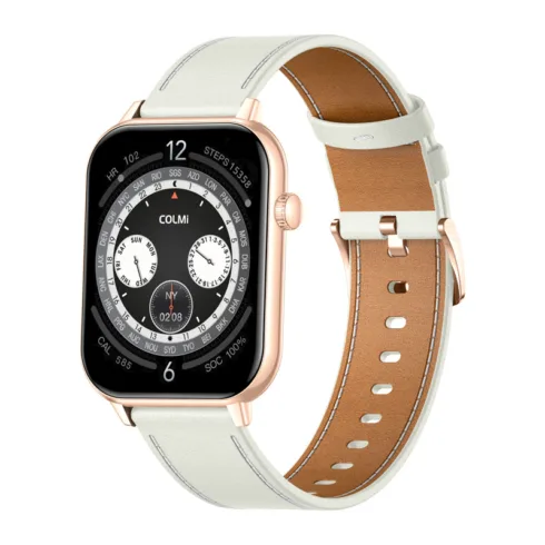 COLMI C28 Smartwatch in Gold with a White Leather Strap