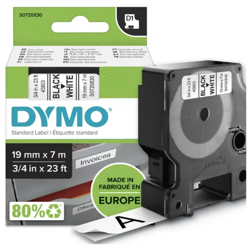Etikečių juostelė DYMO D1 Standard, Black on White, 19mm (S0720830)
