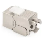 Ekranuotas CAT 6A „Keystone“ modulis, matomas iš šono, rodo montavimo jungtis