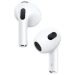 AirPods (3rd generation) iš šono, rodo kontūrinį dizainą ir belaidį ryšį
