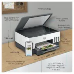 HP Smart Tank 7005 spausdintuvas, matomas iš šono su atidarytu dangčiu