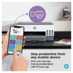 HP Smart Tank 7005 spausdintuvas, matomas iš šono, su atidarytu dangčiu