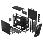 Fractal Design Torrent korpusas, matomas iš šono, su atidarytomis durelėmis
