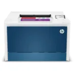 HP Color LaserJet Pro 4202dn spausdintuvas, matomas iš šono, su ekranu