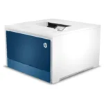HP Color LaserJet Pro 4202dn spausdintuvas, matomas iš šono su ekranu