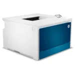 HP Color LaserJet Pro 4202dn spausdintuvas, matomas iš šono, su ekranu