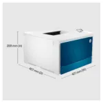 HP Color LaserJet Pro 4202dn spausdintuvas, matomas iš šono su ekranu