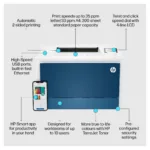 HP Color LaserJet Pro 4202dn spausdintuvas, matomas iš šono, su ekranu