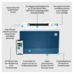 HP Color LaserJet Pro 4202dn spausdintuvas, matomas iš šono su ekranu