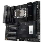 Motininė plokštė ASUS PRO WS W790E-SAGE SE, viršutinė perspektyva su lizdais ir jungtimis