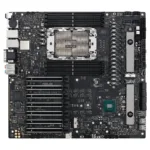 ASUS PRO WS W790E-SAGE SE motininė plokštė, artimas vaizdas su DDR5 atminties slotais