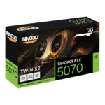 Vaizdo plokštė INNO3D GeForce RTX 5070 TWIN X2 iš šono, su dviem ventiliatoriais