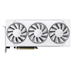 XFX RX-9060 XT vaizdo plokštė, matoma iš šono su trimis ventiliatoriais