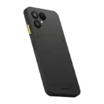Fairphone The (Gen 6) su matiniu juodu korpusu, šoninis vaizdas
