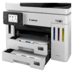 Canon MAXIFY GX7150 spausdintuvas, matomas iš šono su atidarytu popieriaus dėklu