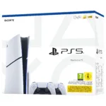 Žaidimų konsolė Sony PlayStation 5, matoma iš šono su prijungtais kabeliais