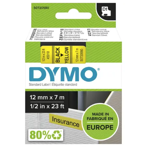 Etikečių juostelė DYMO D1 Standard, Black on Yellow, 12mm (S0720580)
