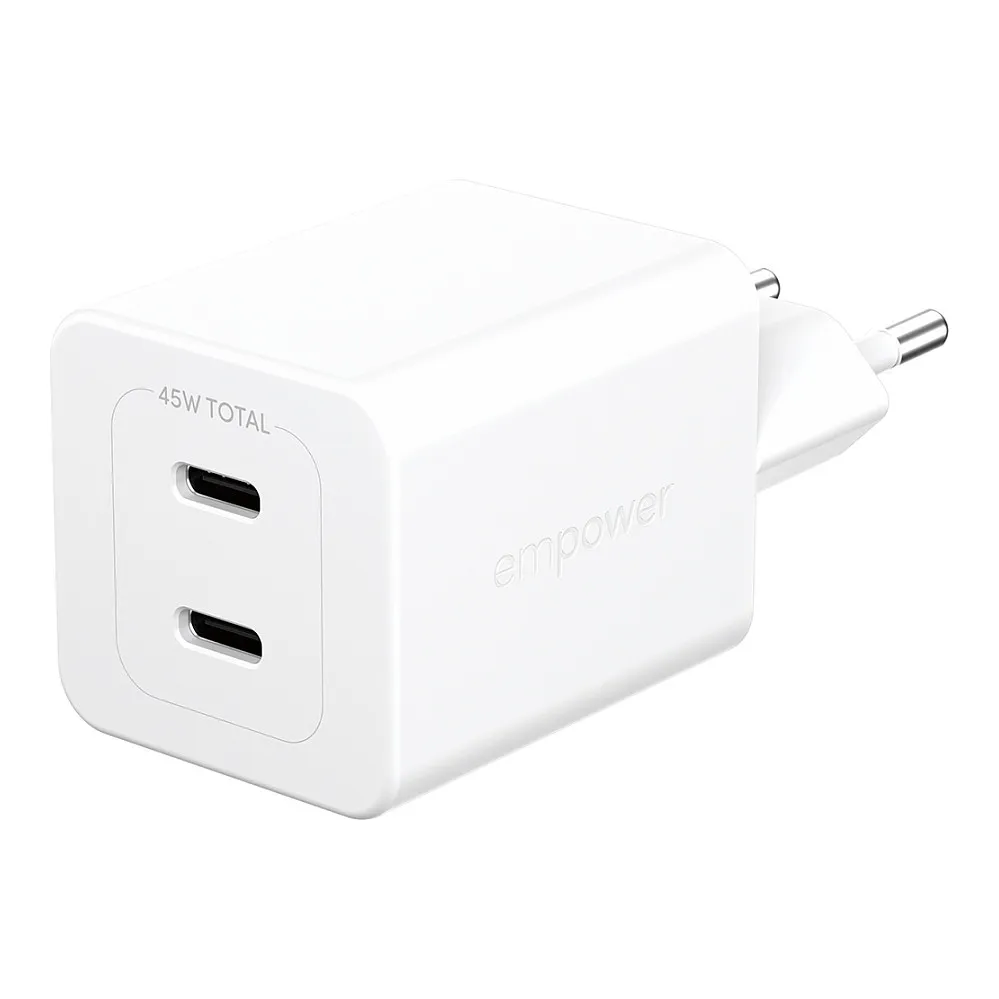 PanzerGlass empower™ by ® Turbo 45W Charger incl. 2 x USB-C | EU Plug | Silver White Apsauginis stiklas PanzerGlass empower by Turbo 45W Charger incl. 2 x USB-C, EU Plug (EM58685), sidabrinės ir baltos spalvos