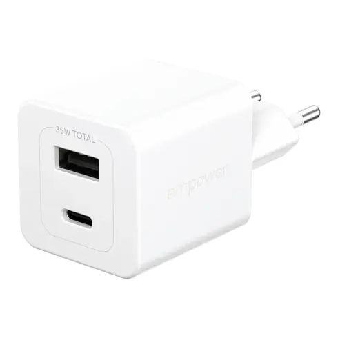Apsauginis stiklas PanzerGlass empower by Turbo 35W Charger incl. USB-C + USB-A, EU (EM94326), sidabrinės ir baltos spalvos