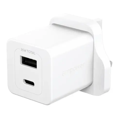 Apsauginis stiklas PanzerGlass empower by Turbo 35W Charger incl. USB-C + USB-A, UK (EM51576), sidabrinės ir baltos spalvos