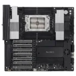 Motininė plokštė ASUS PRO WS WRX90E-SAGE SE iš šono, rodo jungtis ir lizdus