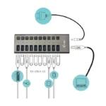 i-tec U3CHARGEHUB10 įkroviklis, matomas iš šono su 10 USB prievadų