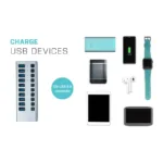 Įkroviklio su 10 USB prievadų šoninis vaizdas su kabeliu
