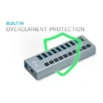 i-tec U3CHARGEHUB10 įkroviklis, matomas iš šono su 10 USB prievadų