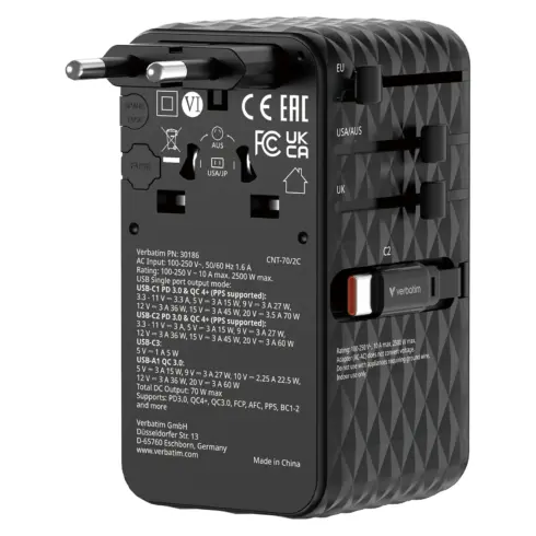 Verbatim Charge'n'Travel Adapter 70W 2C retractable black