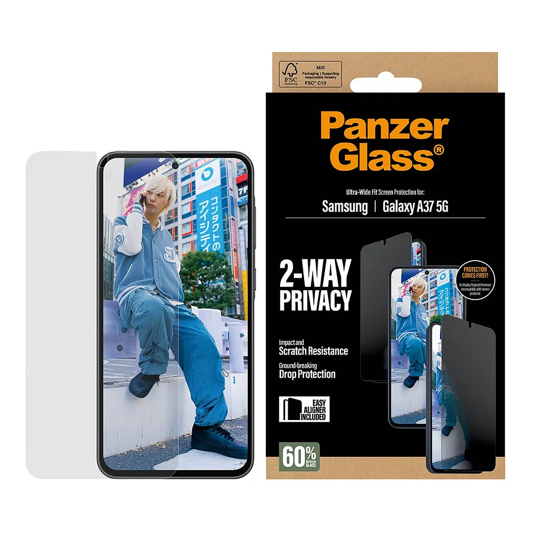 PanzerGlass ® 2-Way Privacy Screen Protector Samsung Galaxy A37 5G | Ultra-Wide Fit w. EasyAligner Apsauginis stiklas PanzerGlass 2-Way Privacy Screen Protector Samsung Galaxy A37 5G (PG90806)
