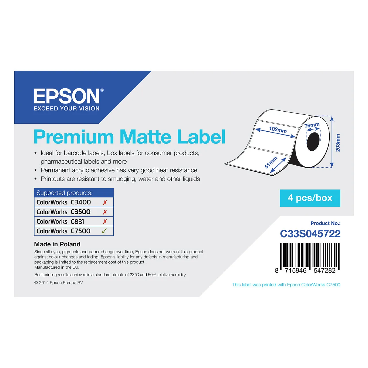 Epson Premium Matte Label Spausdintuvo priedas Epson Premium Matte Label (C33S045722)