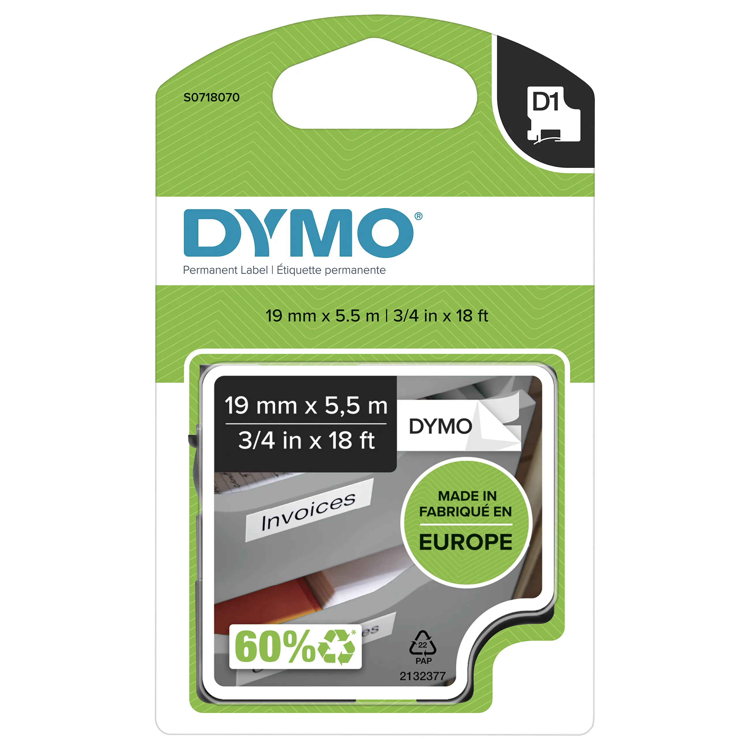 DYMO D1 Durable - Black on White - 19mm label-making tape Etikečių juostelė DYMO D1 Durable, Black on White, 19mm (S0718070)