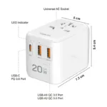 USB-A/C Travel charger, 20 W, GaN, 3-port, 2x USB-A (QC), 1x USB-C (PD), Slim Version, White