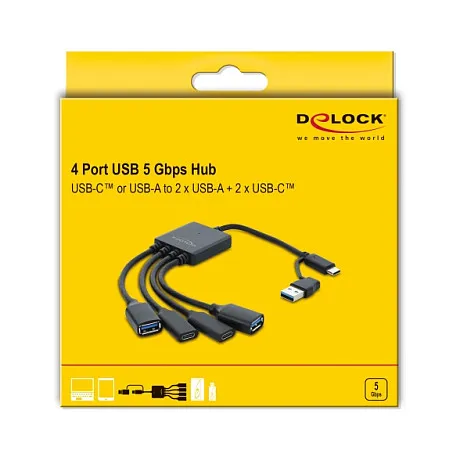 USB laidas ar adapteris Delock 4 Port USB 5 Gbps Kabel-Hub mit USB Type-C oder USB Typ-A Stecker zu 2 x USB Typ-A (64375)