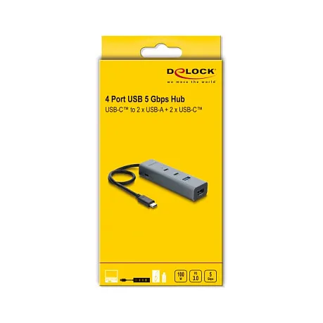 USB laidas ar adapteris Delock 4 Port USB 5 Gbps Hub mit USB Type-C Stecker zu 2 x USB Typ-A Buchse + 2 x USB Type-C (64378)