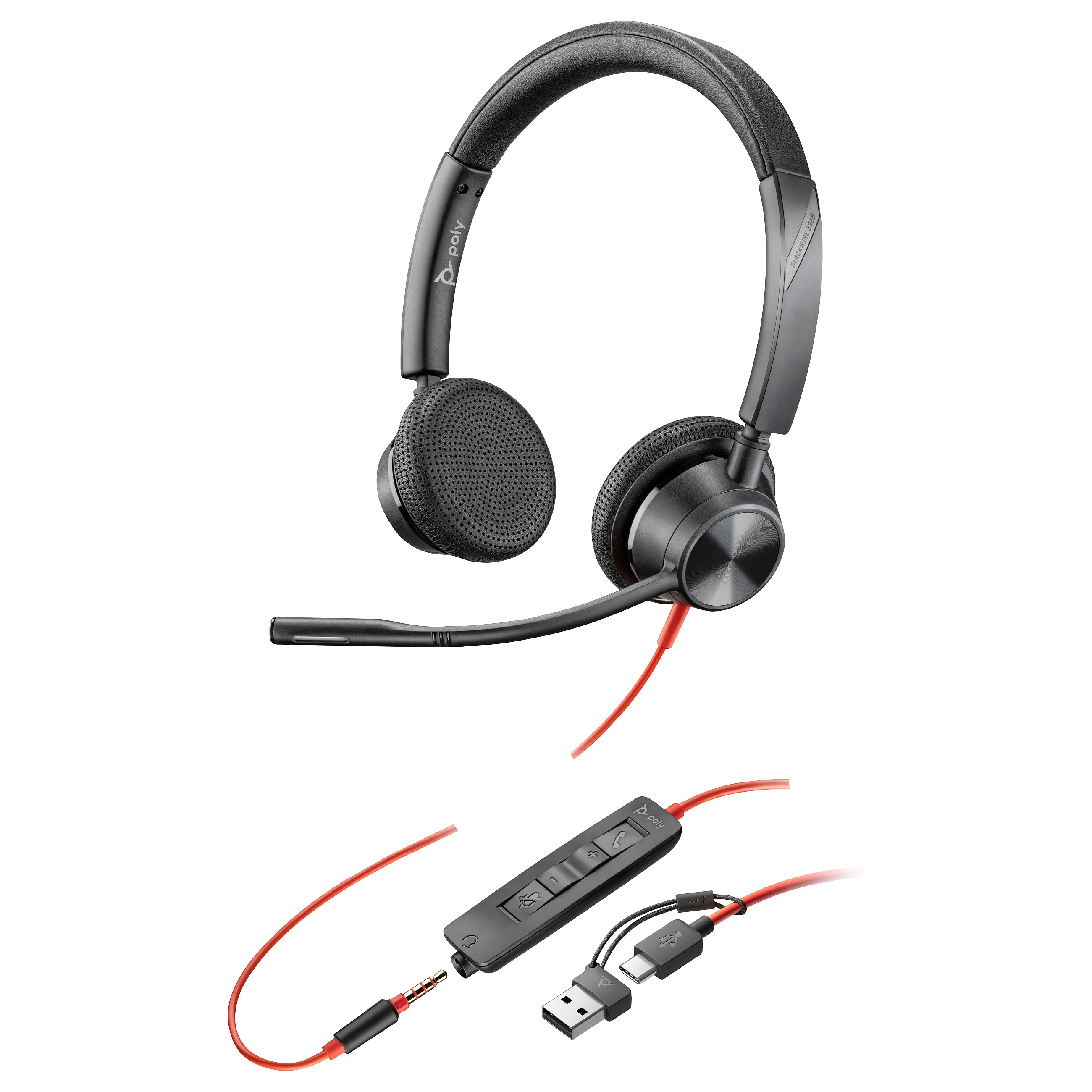 HP Poly Blackwire 3325 Stereo USB-C Headset +3.5mm Plug +USB-C/A Adapter HP Poly Blackwire 3325 Stereo USB-C Headset +3.5mm Plug +USB-C/A Adapter