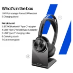 HP Poly Voyager Focus 2 ausinės su USB-C adapteriu ir įkrovimo stovu