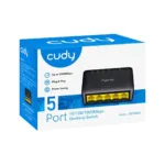 Cudy GS105D komutatorius, matomas iš šono, su RJ-45 prievadų išdėstymu