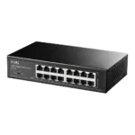 Cudy GS1016 komutatorius, matomas iš šono su RJ-45 prievadų išdėstymu