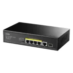 Cudy GS1005PTS1 komutatorius, vaizdas iš šono su RJ-45 jungtimis