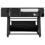 HP Designjet T850 spausdintuvas, matomas iš šono, su popieriaus padavimo dėže