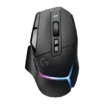 Logitech G502 X PLUS pelė, viršutinio kampo vaizdas su RGB apšvietimu