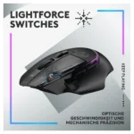Logitech G502 X PLUS pelė, šoninis vaizdas su RGB apšvietimu