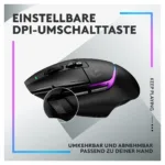 Logitech G502 X PLUS pelė, šoninis vaizdas su RGB apšvietimu