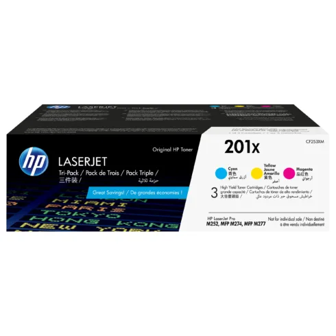 Tonerio kasetė HP 201X 3-pack High Yield (CF253XM), žydros, purpurinės ir geltonos spalvų