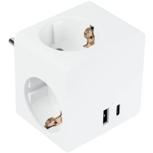 Steckdosenwürfel mit 3x Schutzkontakt-Buchse, USB-C (20W, PD 3.0) und USB-A Buchse (18W), weiß