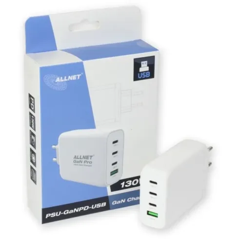 Tinklo įranga ALLNET Ersatznetzteil QC USB-C PD GaN Netzteil Power Supply 130 Watt 1x USB Typ-A QC (PSU-GaNPD-USB-1A3C-130W)