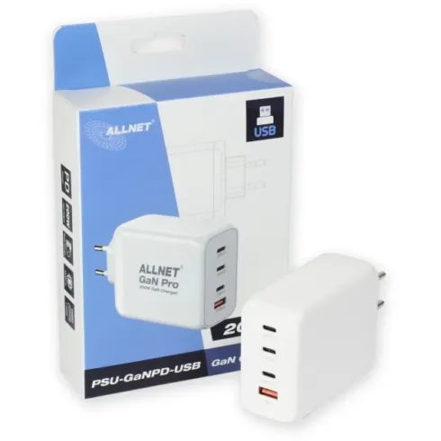 Tinklo įranga ALLNET Ersatznetzteil QC USB-C PD GaN Netzteil Power Supply 200 Watt 1x USB Typ-A QC (PSU-GaNPD-USB-1A3C-200W)