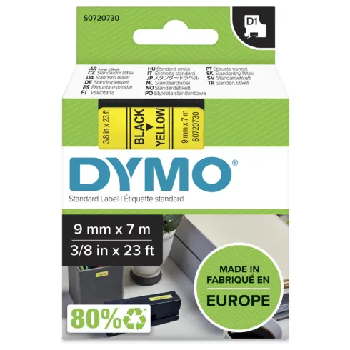 Etikečių juostelė DYMO D1 Standard, Black on Yellow, 9mm (S0720730)
