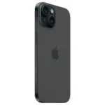 Apple iPhone 15, juodas, matomas iš šono su ekranu ir kameromis